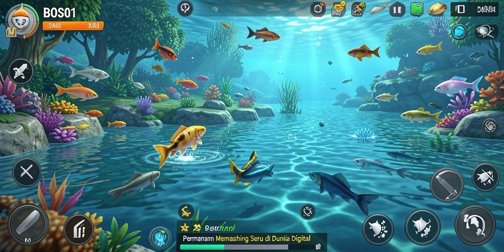 Tampilan gameplay seru saat memancing ikan di danau.