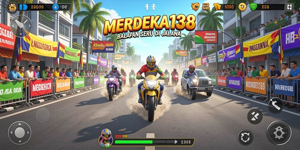 Screenshot gameplay MERDEKA138 menampilkan aksi balapan yang mendebarkan.